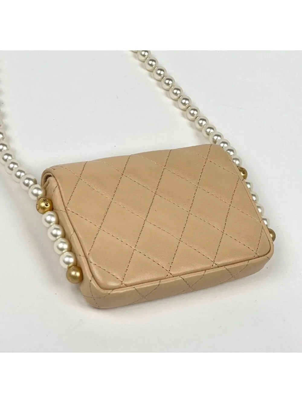 Chanel Shoulder Bag Quilted CC Logo Leather Beige
